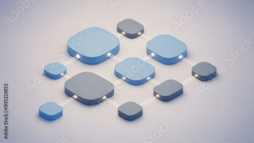 Collection of assorted blue and grey 3D shapes arranged closely together on a gradient background viewed from directly above