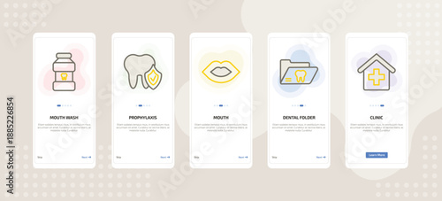 onboarding screen template for dental care mobile app ui with mouth wash, prophylaxis, mouth, dental folder, clinic icons.