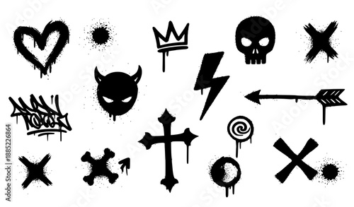 Hand drawn black graffiti spray pattern vector with street art symbols on white