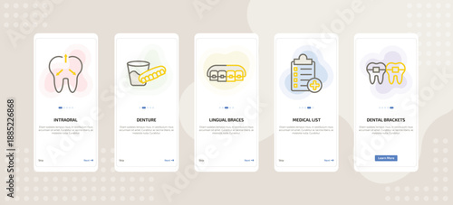 onboarding screen template for dental care mobile app ui with intraoral, denture, lingual braces, medical list, dental brackets icons.