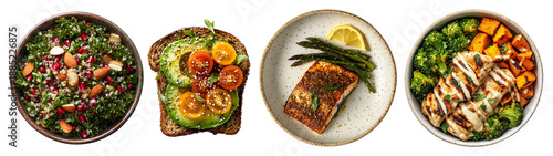 Collection of healthy meal objects on transparent PNG background.