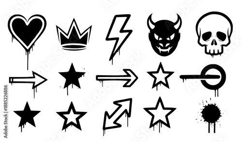 Black graffiti spray symbol icon set with urban street art elements vector illustration