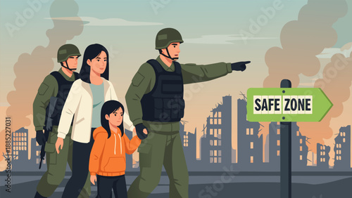 Evacuation vector illustration depicting soldiers escorting civilians towards a safe zone amidst a war-torn cityscape