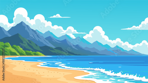 Beautiful Tropical Beach Landscape Vector Illustration with Mountains and Ocean Waves