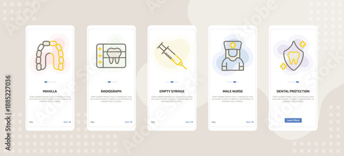 onboarding screen template for dental care mobile app ui with maxilla, radiograph, empty syringe, male nurse, dental protection icons.