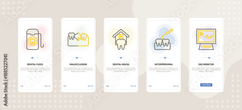 onboarding screen template for dental care mobile app ui with dental floss, malocclusion, dental house, interproximal, ekg monitor icons.