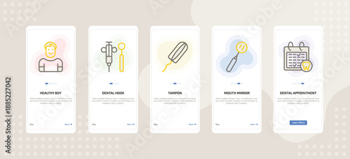 onboarding screen template for dental care mobile app ui with healthy boy, dental hook, tampon, mouth mirror, dental appointment icons.