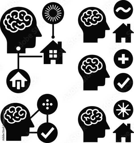 Mental health and psychology silhouette icons featuring human head with brain, house symbols, and cognitive process thinking elements.