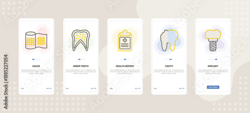 onboarding screen template for dental care mobile app ui with gauze, inner tooth, health report, cavity, implant icons.