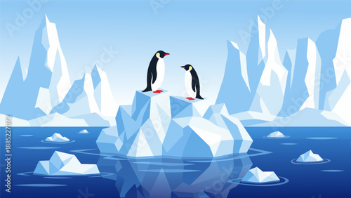 Vector illustration of two penguins standing on an iceberg in a calm blue ocean surrounded by ice floes and distant ice formations