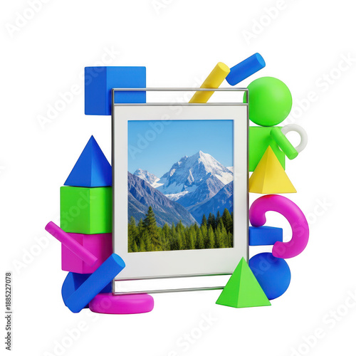 Creative computer frame with mountain scene isolated on transparent background