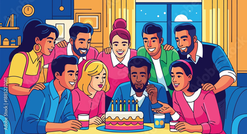 Group of friends gathering around birthday cake celebrating vector illustration