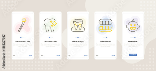 onboarding screen template for dental care mobile app ui with dentists drill tool, tooth whitening, dental plaque, overdenture, baby dental icons.