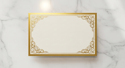 Elegant gold frame with intricate corner designs on a marble backdrop