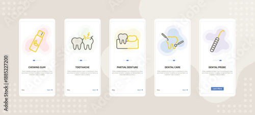 onboarding screen template for dental care mobile app ui with chewing gum, toothache, partial denture, dental care, dental probe icons.