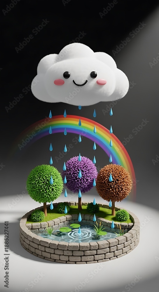 Obraz premium Colorful Cloud Raining on Trees with Rainbow and Pond