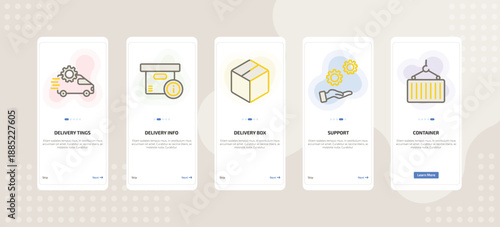 onboarding screen template for delivery mobile app ui with delivery tings, delivery info, delivery box, support, container icons.
