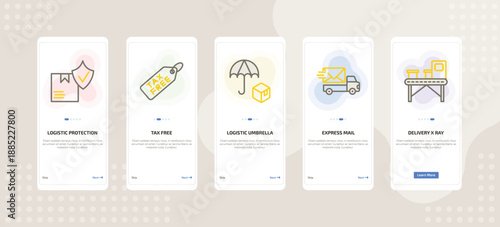 onboarding screen template for delivery mobile app ui with logistic protection, tax free, logistic umbrella, express mail, delivery x ray icons.