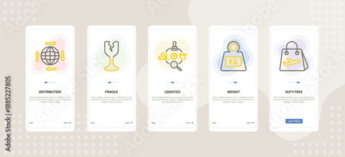 onboarding screen template for delivery mobile app ui with distribution, fragile, logistics, weight, duty free icons.