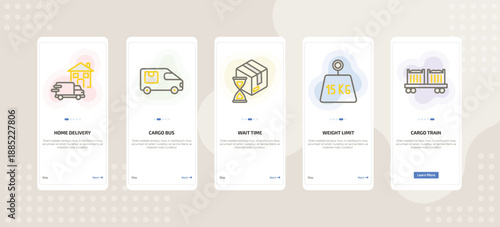 onboarding screen template for delivery mobile app ui with home delivery, cargo bus, wait time, weight limit, cargo train icons.