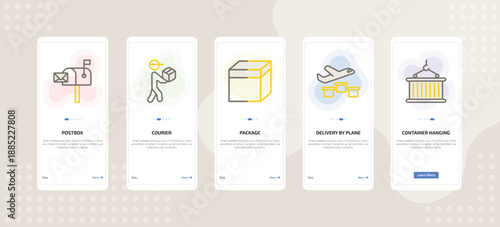 onboarding screen template for delivery mobile app ui with postbox, courier, package, delivery by plane, container hanging icons.