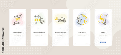onboarding screen template for delivery mobile app ui with delivery safety, delivery schedule, scooter delivery, planet earth, freight icons.