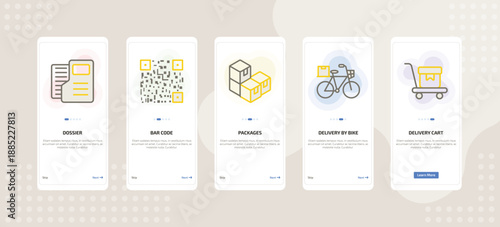 onboarding screen template for delivery mobile app ui with dossier, bar code, packages, delivery by bike, delivery cart icons.