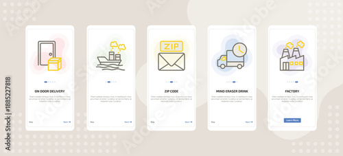 onboarding screen template for delivery mobile app ui with on door delivery, , zip code, mind eraser drink, factory