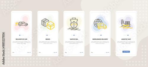 onboarding screen template for delivery mobile app ui with delivery by car, boxes, ship by sea, worldwide delivery, logistic ship icons.