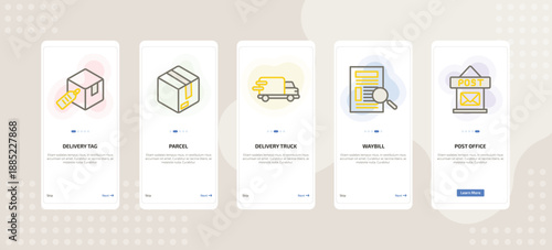 onboarding screen template for delivery mobile app ui with delivery tag, parcel, delivery truck, waybill, post office icons.