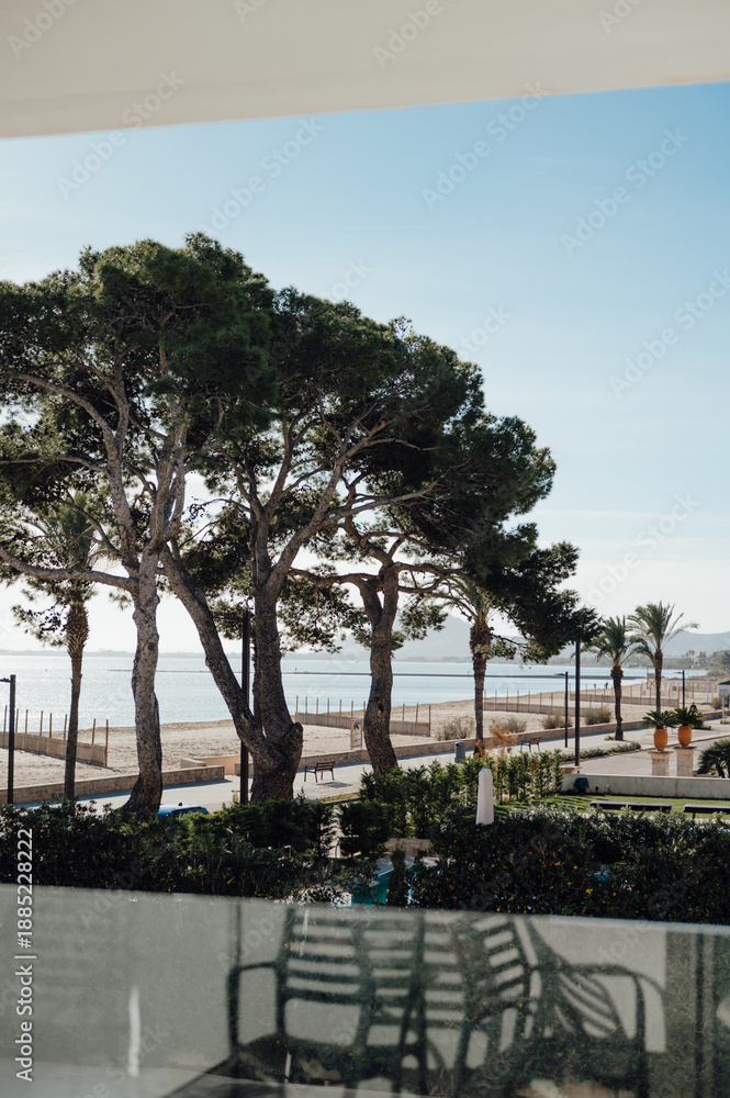 Fototapeta premium Balcony view of beach and promenade, Port de Pollença, Mallorca