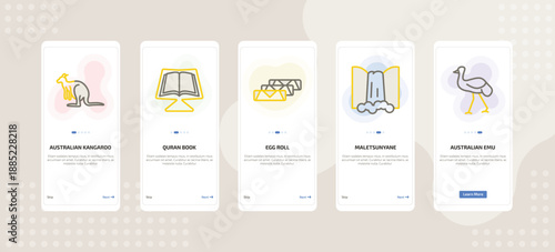 onboarding screen template for culture mobile app ui with australian kangaroo, quran book, egg roll, maletsunyane, australian emu icons.
