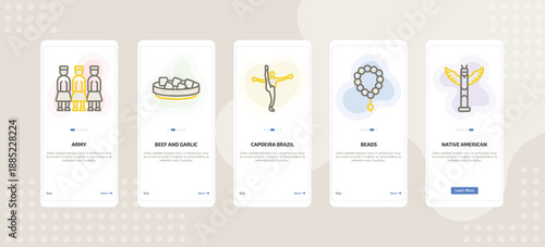 onboarding screen template for culture mobile app ui with army, beef and garlic, capoeira brazil dancers, beads, native american totem icons.