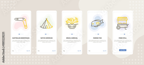 onboarding screen template for culture mobile app ui with australian boomerang, native american wigwam, brazil carnival mask, marine fish, food stall icons.