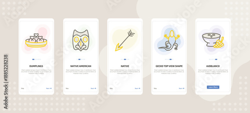 onboarding screen template for culture mobile app ui with dumplings, native american mask, native, gecko top view shape, ajoblanco icons.