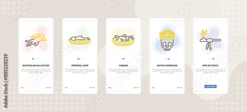 onboarding screen template for culture mobile app ui with australian alligator, imperial carp, fabada, native american skull, pipe of peace icons.