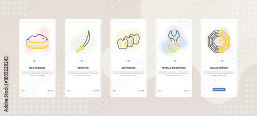 onboarding screen template for culture mobile app ui with rice pudding, scimitar, ajotomate, female bikini piece, pa kua mirror icons.