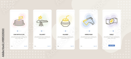 onboarding screen template for culture mobile app ui with cake with a flag, calumet, kalabas, horse head, ruble icons.