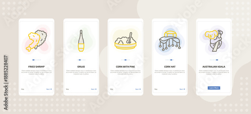 onboarding screen template for culture mobile app ui with fried shrimp, orujo, corn with pine, cork hat, australian koala icons.