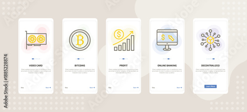 onboarding screen template for crypto mobile app ui with video card, bitcoins, profit, online banking, decentralized icons.