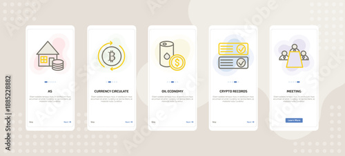 onboarding screen template for crypto mobile app ui with as, currency circulate, oil economy, crypto records, meeting icons.