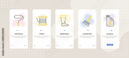 onboarding screen template for building tools mobile app ui with paint roller, copper, rubber boots, cleaning mop, gallon oil icons.