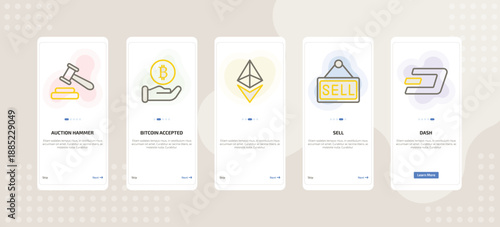onboarding screen template for crypto mobile app ui with auction hammer, bitcoin accepted, , sell, dash