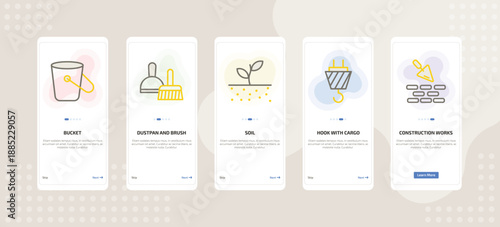 onboarding screen template for building tools mobile app ui with bucket, dustpan and brush, soil, hook with cargo, construction works icons.