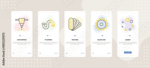 onboarding screen template for building tools mobile app ui with jackhammer, plumbing, pantone, blade saw, loader icons.