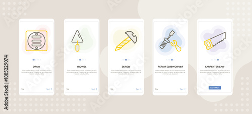 onboarding screen template for building tools mobile app ui with drain, trowel, screw, repair screwdriver, carpenter saw icons.
