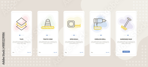 onboarding screen template for building tools mobile app ui with tiles, traffic cone, open scale, cordless drill, gardening rake icons.