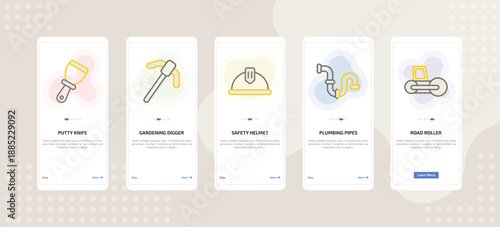 onboarding screen template for building tools mobile app ui with putty knife, gardening digger, safety helmet, plumbing pipes, road roller icons.