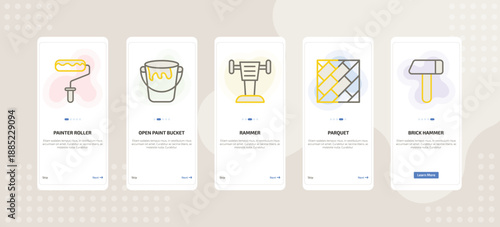 onboarding screen template for building tools mobile app ui with painter roller, open paint bucket, rammer, parquet, brick hammer icons.
