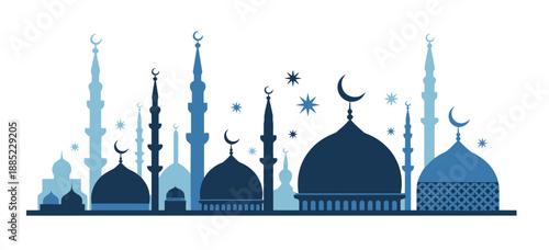 Islamic mosque skyline vector illustration in flat style with crescent moons, stars, and cultural elements, perfect for religious holiday greetings, ramadan and eid design projects, and vector 